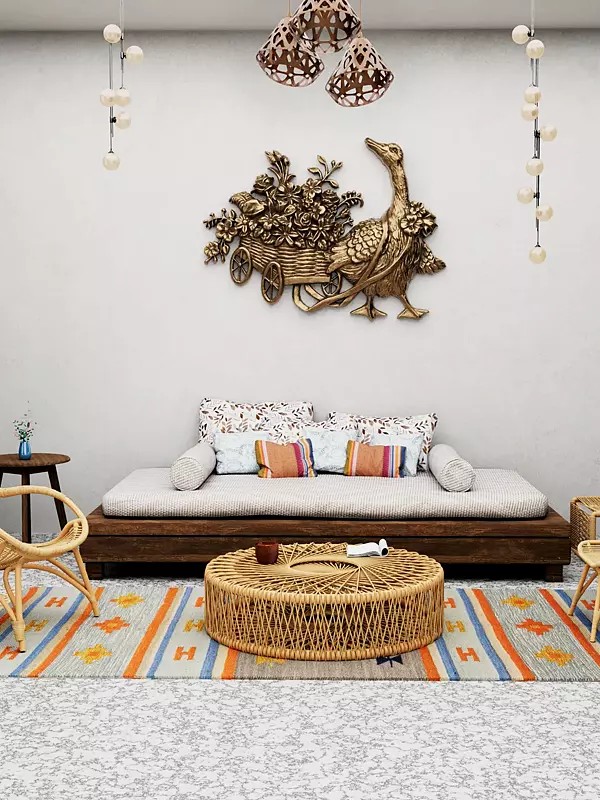 Light-Blue and Orange Dhurrie from Sitapur with Woven Stripes and Motifs