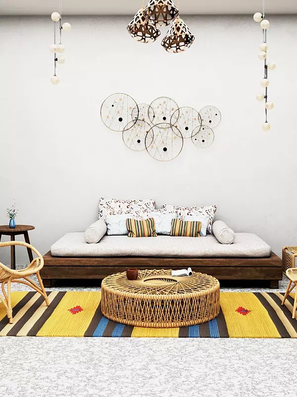 Yellow and Gray Dhurrie from Sitapur with Woven Stripes