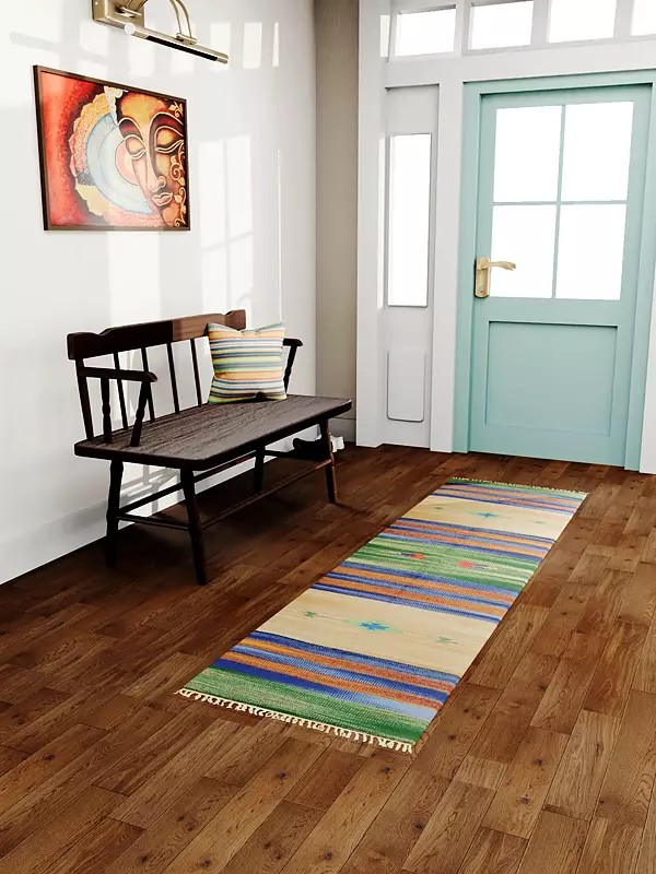 Green and Vanilla Dhurrie from Sitapur with Woven Stripes