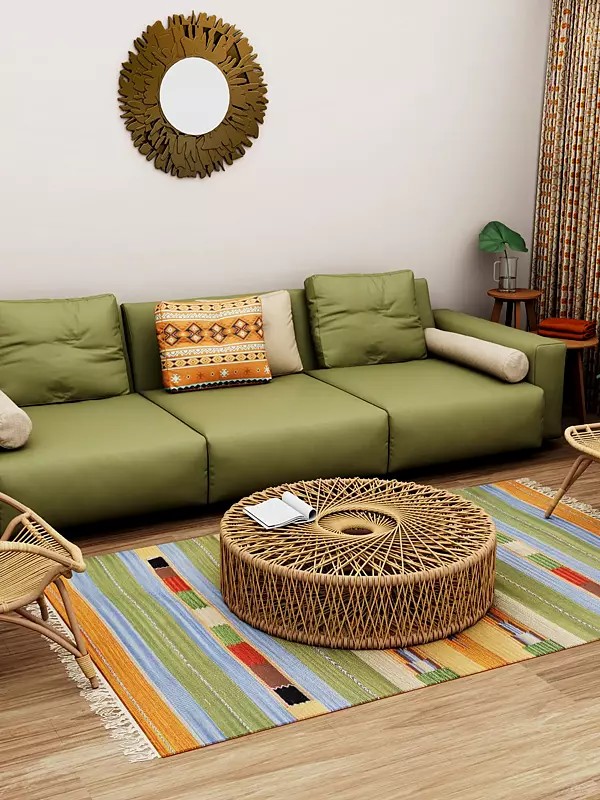 Multi-Color Dhurrie from Sitapur with Thread Weave