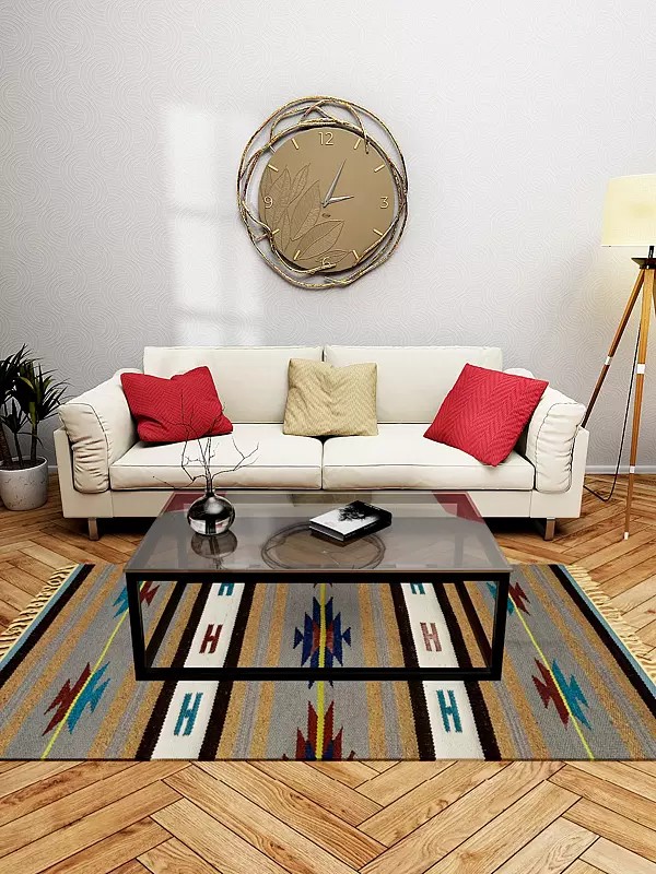 Gray and White Handloom Dhurrie from Sitapur with Woven Stars