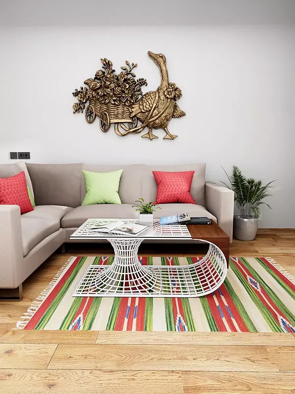 Tri-Color Dhurrie from Sitapur with Woven Motifs