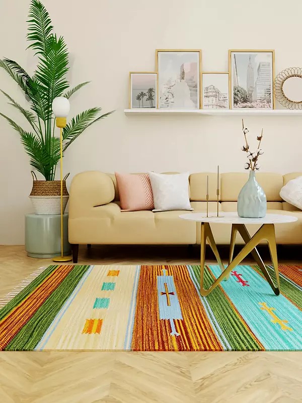 Multi-Color Cotton Dhurrie from Sitapur with Woven Motifs