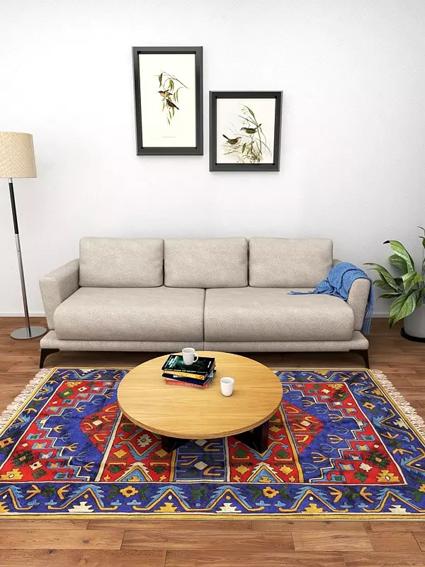 Blue and Red Prayer Asana from Kashmir with Embroidered Persian Design