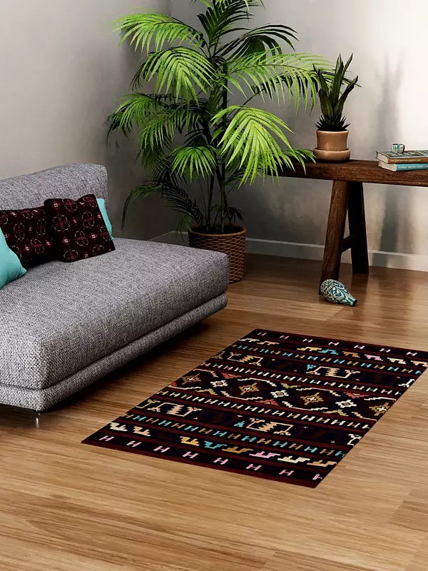 Patriot-Blue Asana Mat from Kashmir with Embroidered Aztec Motifs