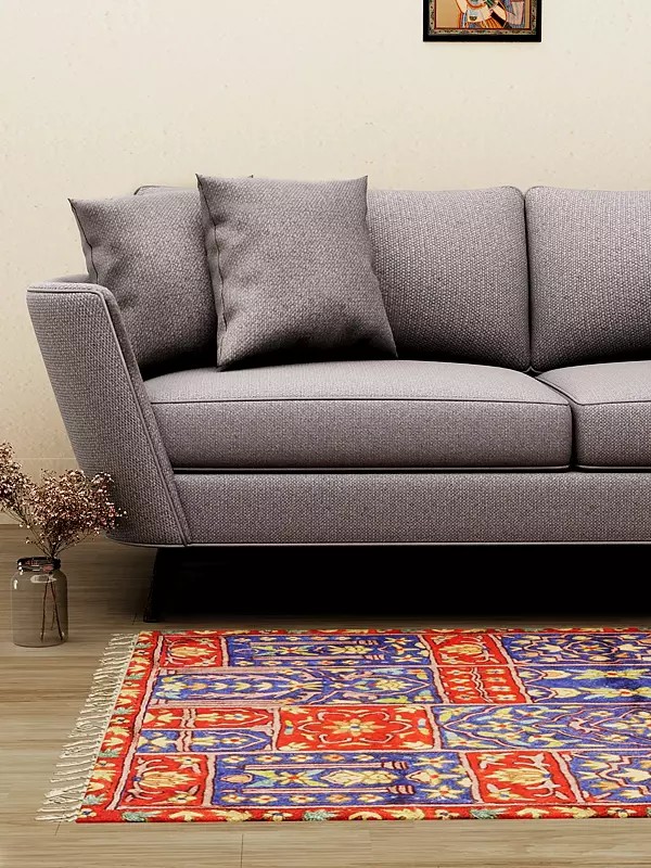 Red and Blue Floral Embroidered Yogi Asana from Kashmir with Persian Motifs