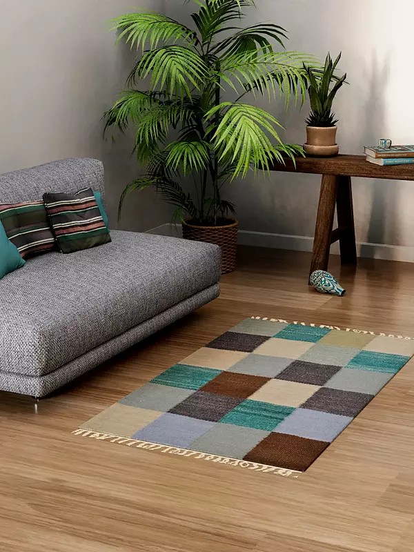 Multicolor Handloom Dhurrie from Sitapur with Woven Checks