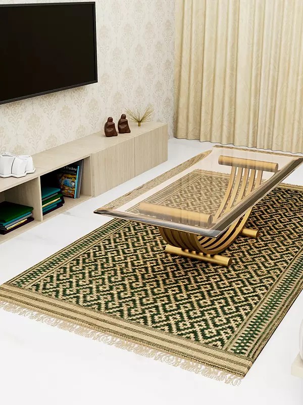 Green and Beige Dhurrie from Telangana with All-Over Weave