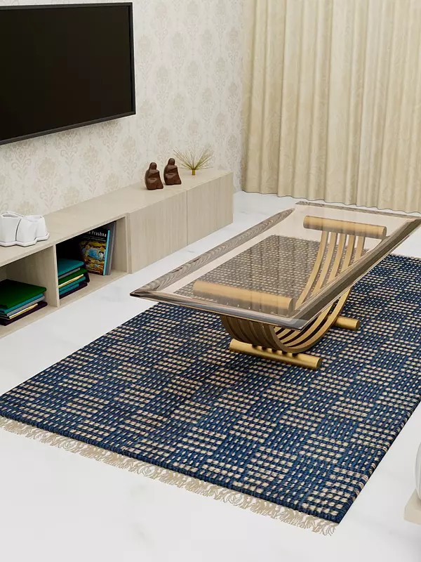 Legion-Blue Dhurrie from Telangana with Woven Checks