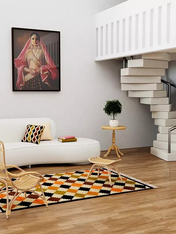 Off-White Handloom Dhurrie from Sitapur with Woven Motifs in Multicolor Thread