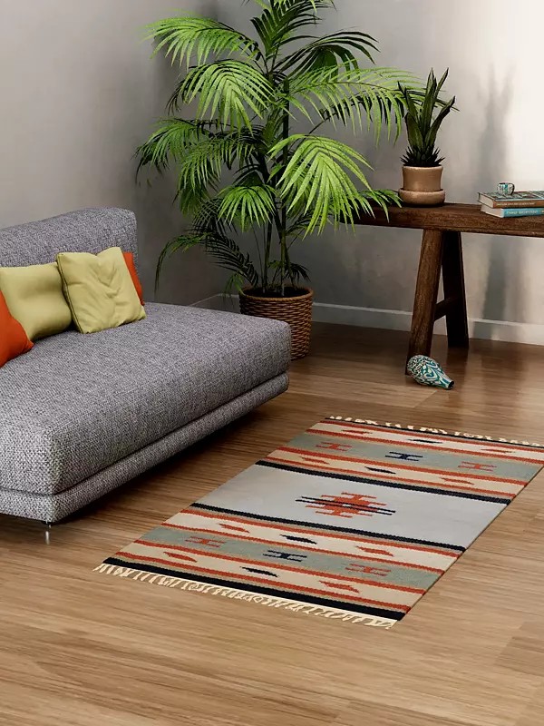 Sky-Gray Handloom Dhurrie from Sitapur with Woven Stripes