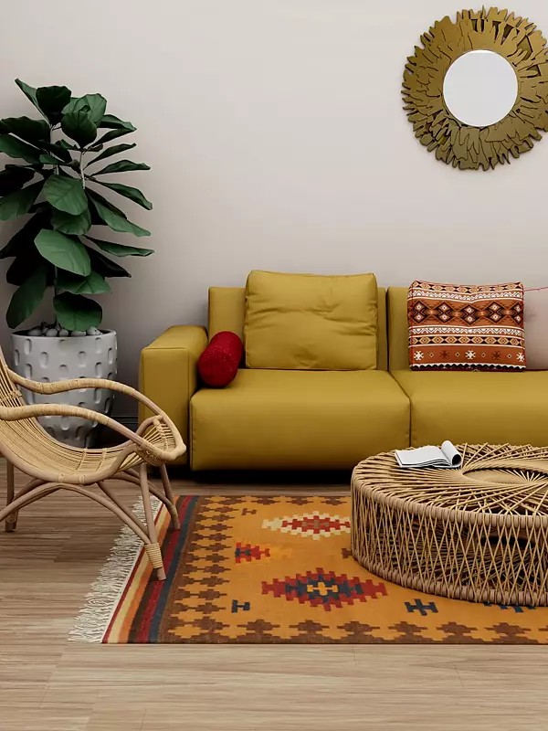 Apricot-Tan Handloom Dhurrie from Sitapur with Woven Ikat Motifs