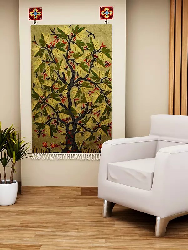 Green Asana cum Wall Hanging from Kashmir with Embroidered Maple Tree
