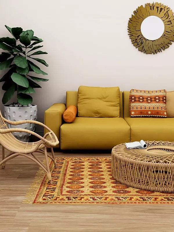 Straw and Red Kalamkari Dhurrie from Telangana with Printed Floral Motifs