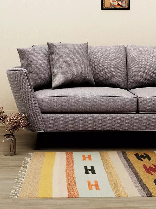 Fair-Aqua Handloom Dhurrie from Mirzapur with Woven Motifs and Stripes