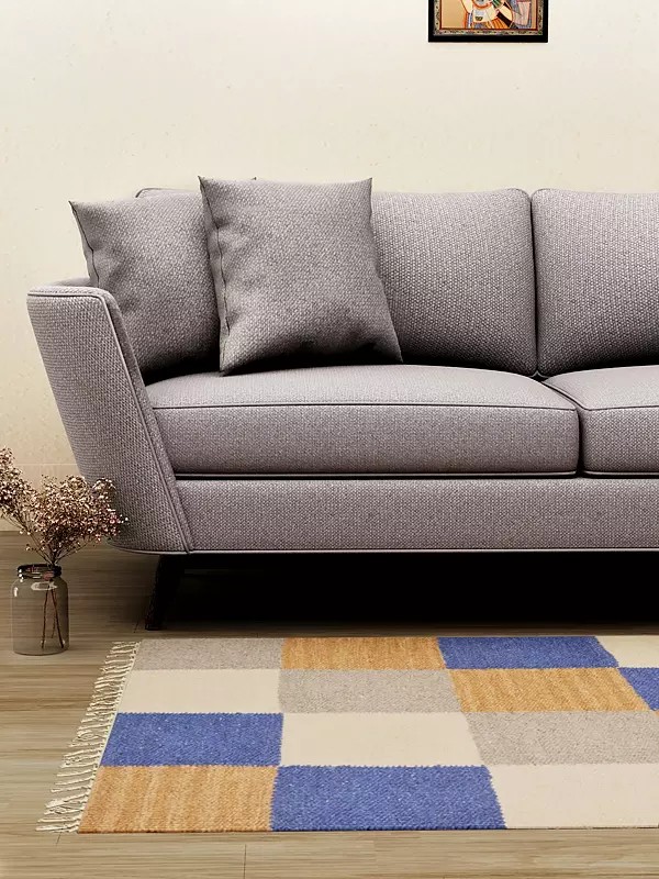 Multicolor Handloom Dhurrie from Mirzapur with Woven Checks