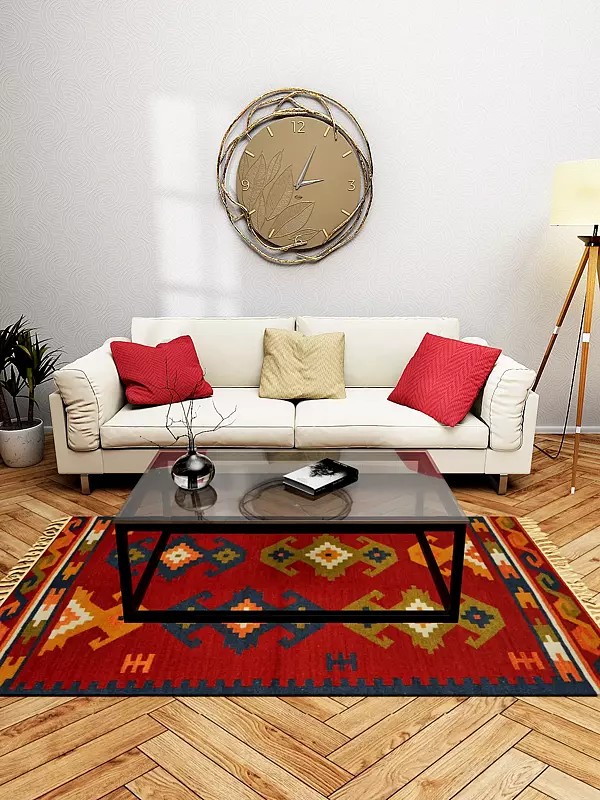 Mineral-Red Handloom Dhurrie from Sitapur with Woven Ikat Motifs