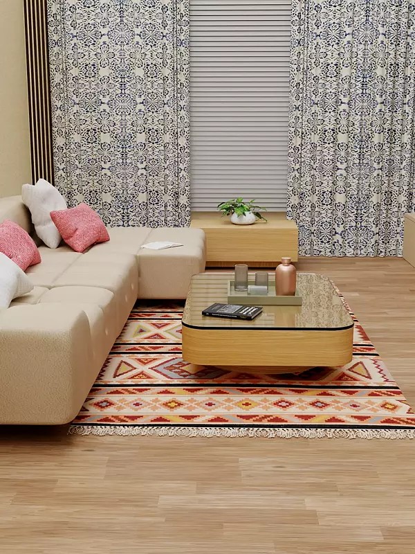 Ivory Handloom Dhurrie from Sitapur with Woven Motifs in Multi-color Thread