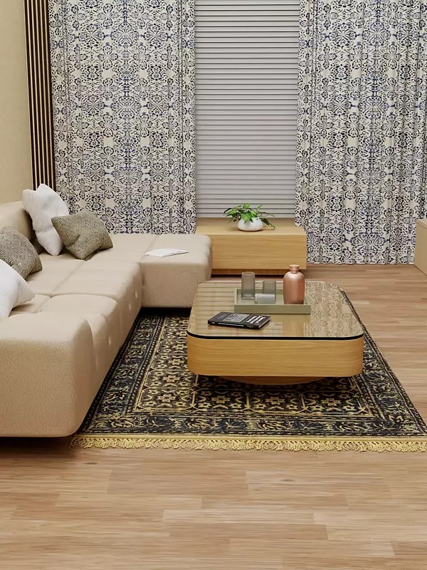 Blue and Gray Kalamkari Dhurrie from Telangana with Floral Print