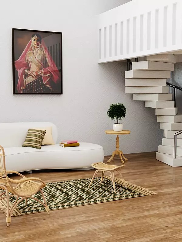 Green and Beige Dhurrie from Telangana with Woven Bootis