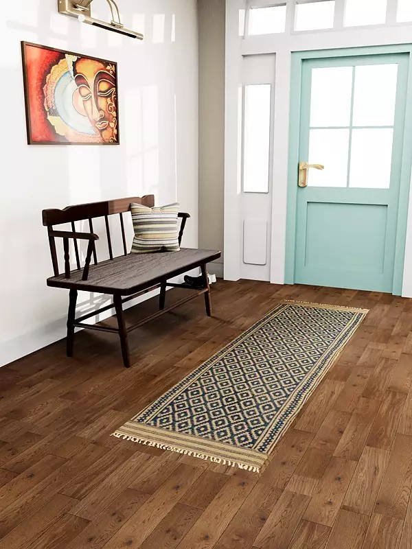 Blue and Beige Runner from Telangana with All-Over Weave