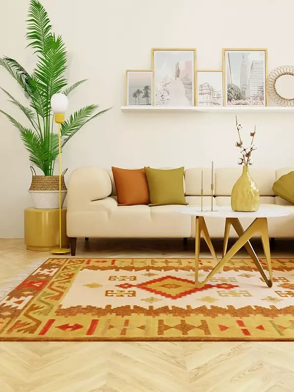 Beige and Brown Handloom Dhurrie from Sitapur with Woven Motifs