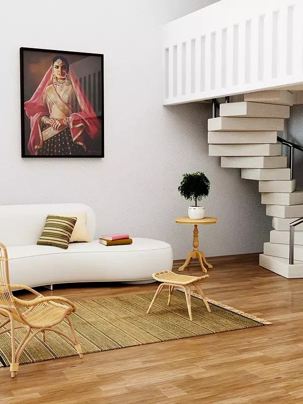 Green and Beige Dhurrie from Telangana with All-Over Weave