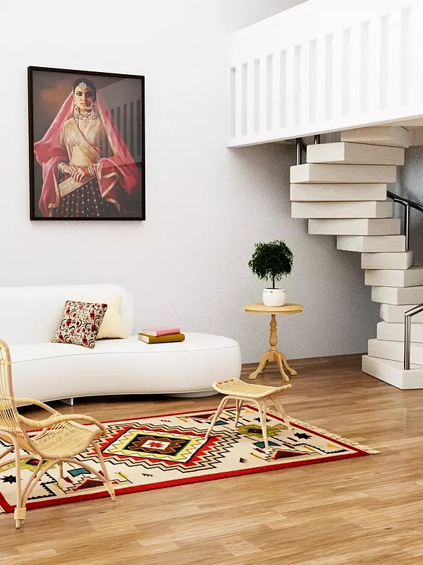 Off-White Handloom Dhurrie from Sitapur with Kilim Weave