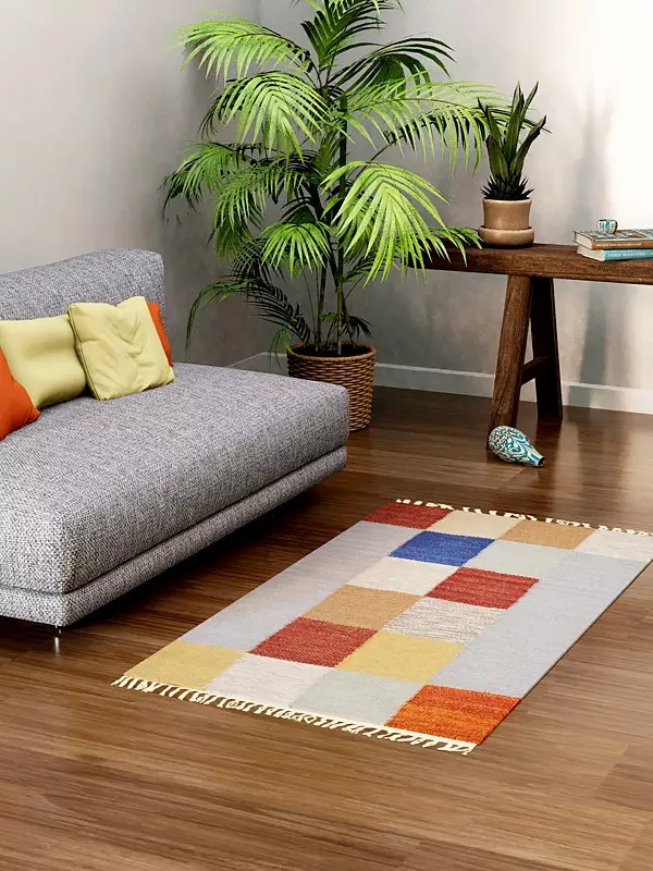 Multicolor Handloom Dhurrie from Sitapur with Woven Checks