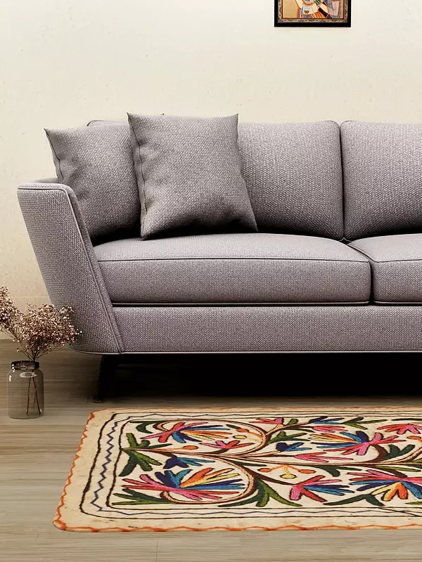 Off-White Asana Mat with Floral Hand-Embroidery