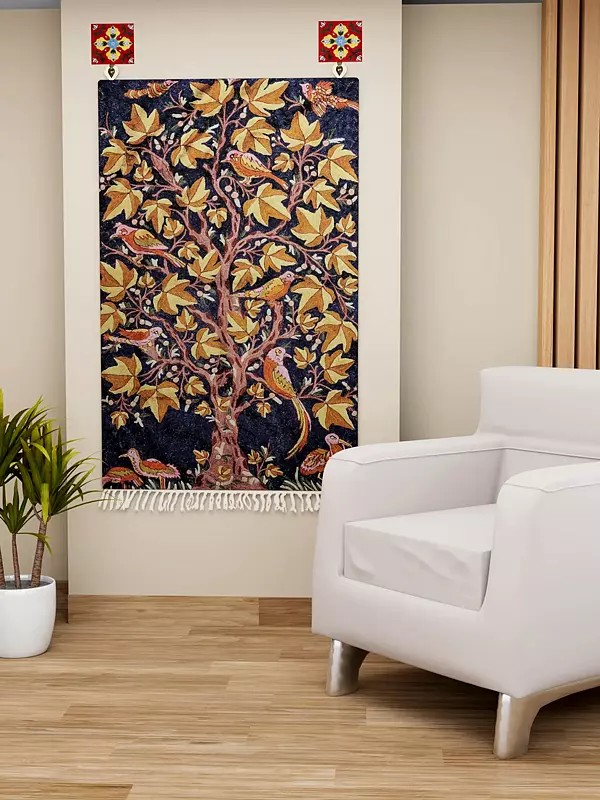 Dark-Blue Tree of Life Asana cum Wall Hanging from Kashmir