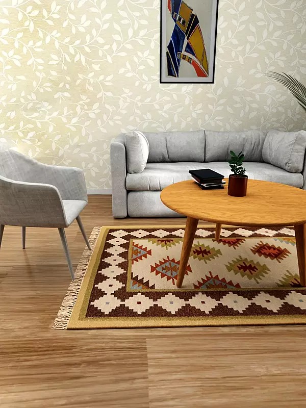 Off-White Handloom Dhurrie from Sitapur with Kilim Weave