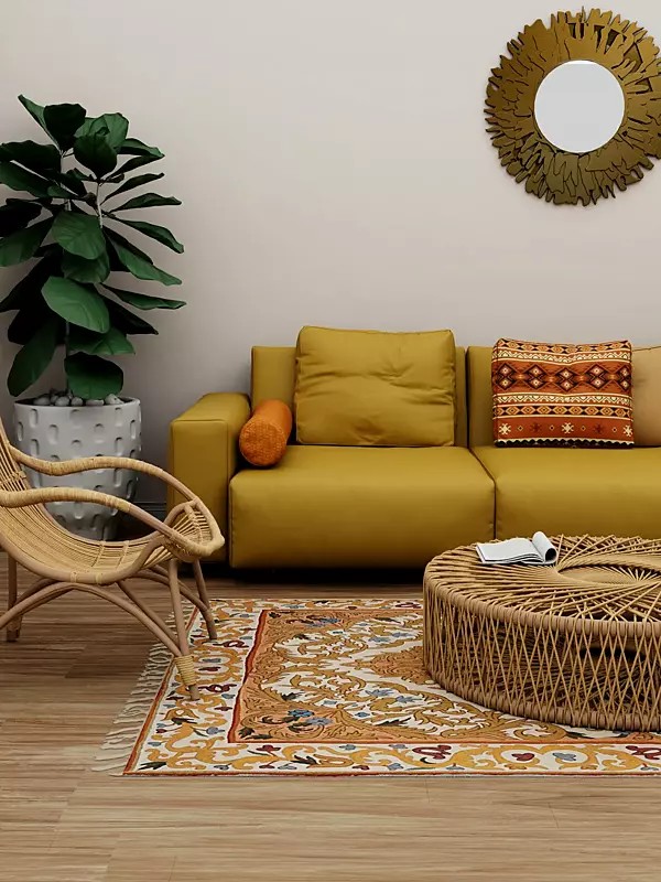 Cream Embroidered Asana Mat from Kashmir with Mughal Design