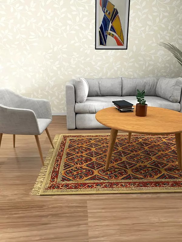 Amber and Red Kalamkari Dhurrie from Telangana with Printed Paisleys