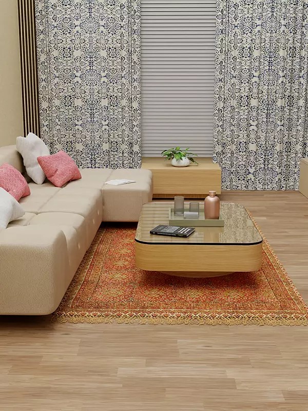 Red Kalamkari Dhurrie from Telangana with Printed Motifs