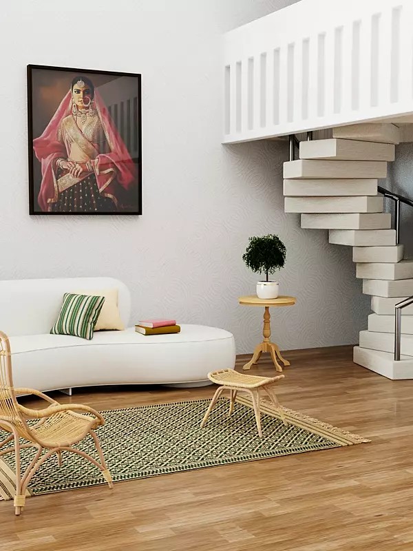 Green and Beige Dhurrie from Telangana with Woven Bootis