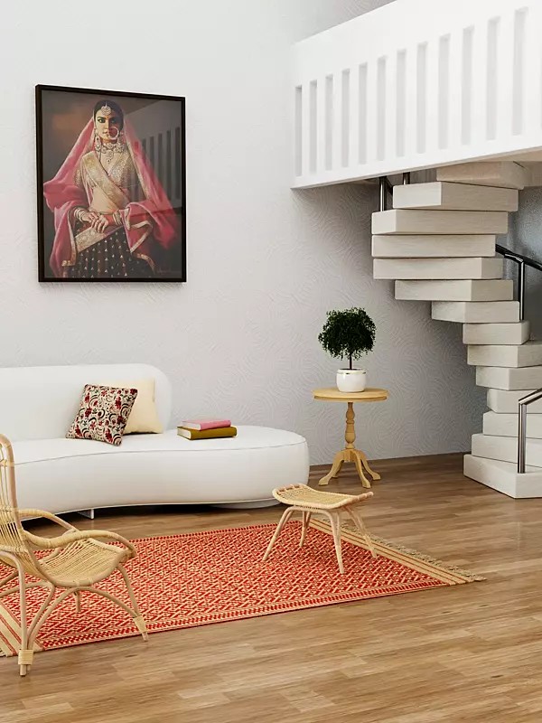 Red and Beige Dhurrie from Karnataka with Thread-Weave