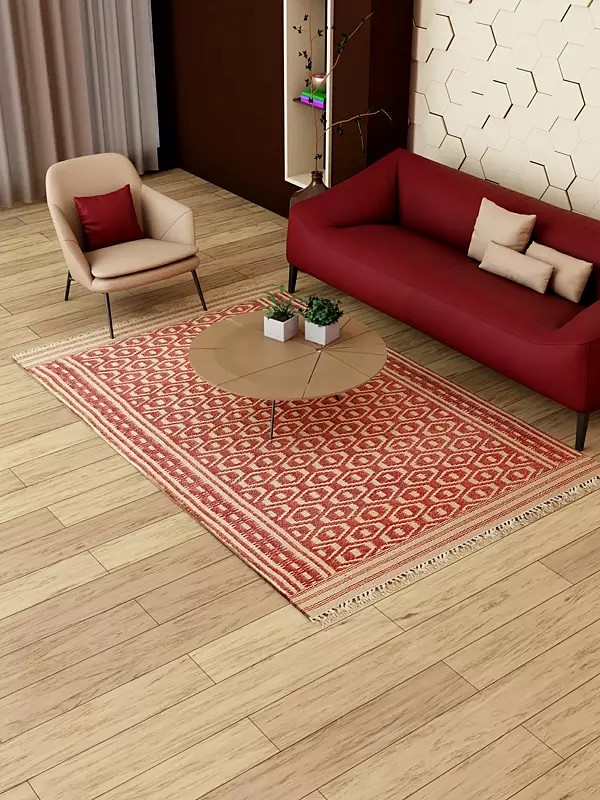 Maroon and Beige Dhurrie from Telangana with Woven Bootis