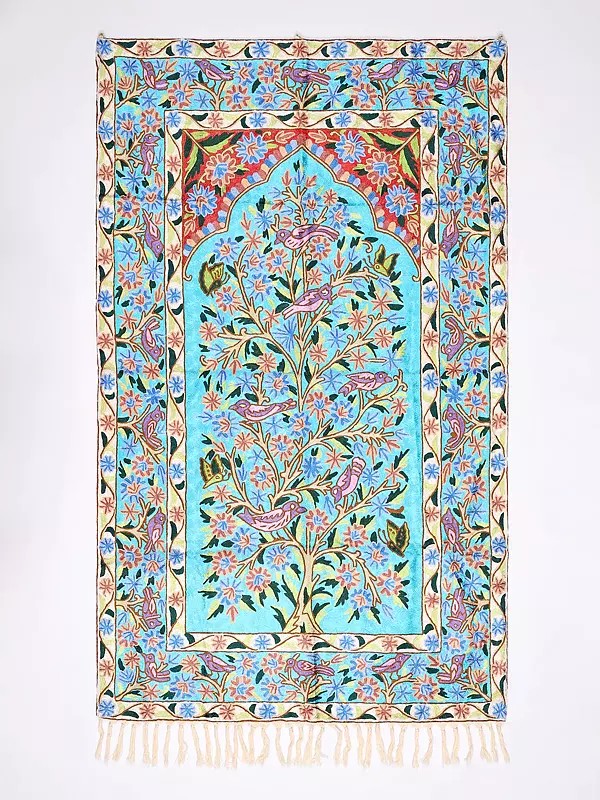 Multicolor Tree of Life Asana cum Wall Hanging with Embroidered Birds from Kashmir