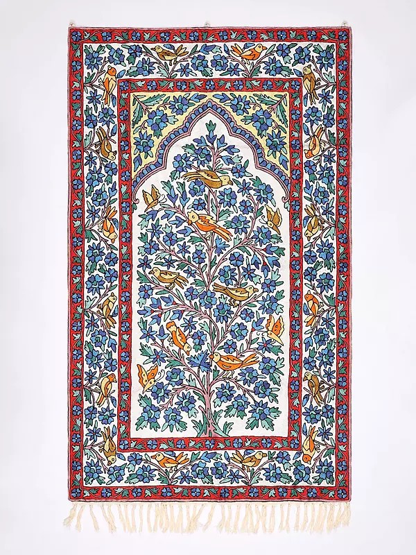 Multicolor Tree of Life Asana cum Wall Hanging with Embroidered Birds from Kashmir