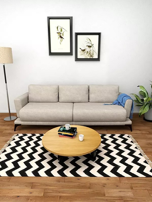 Ivory and Black Handloom Dhurrie from Sitapur with Leheria Weave