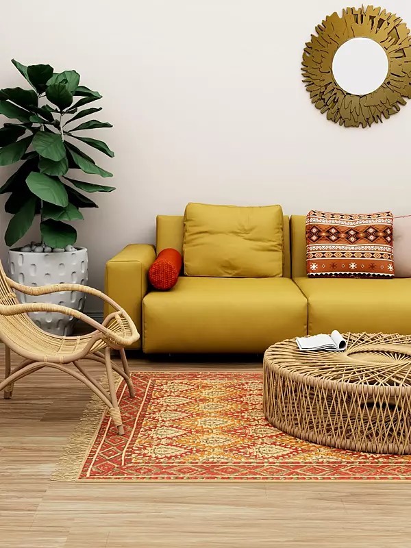 Beige Kalamkari Dhurrie from Telangana with Printed Flowers