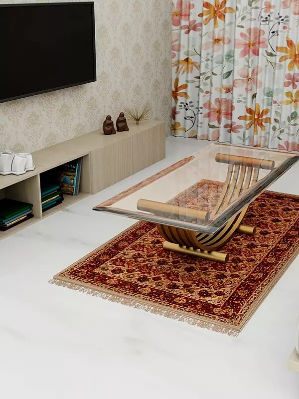 Almond-Buff Kalamkari Dhurrie from Telangana with Printed Flowers