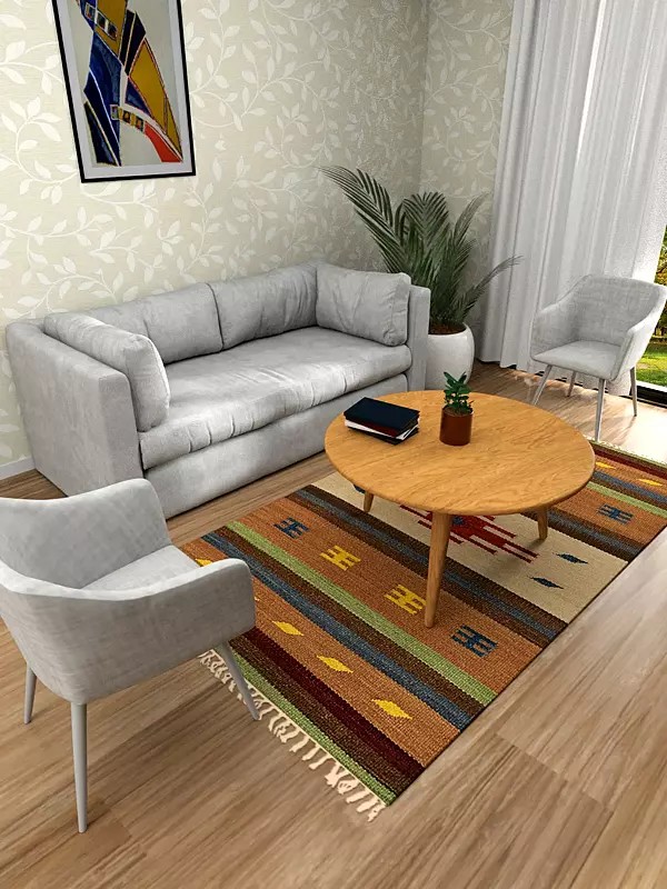 Apple Cinnamon Kilim Dhurrie from Sitapur with Woven Stripes and Motifs