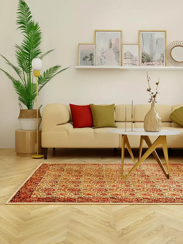 Bleached-Sand Dhurrie from Telangana with Printed Flowers