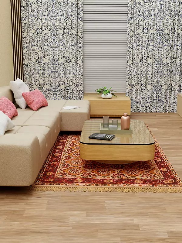 Cream-Tan Kalamkari Dhurrie from Telangana with Printed Flowers