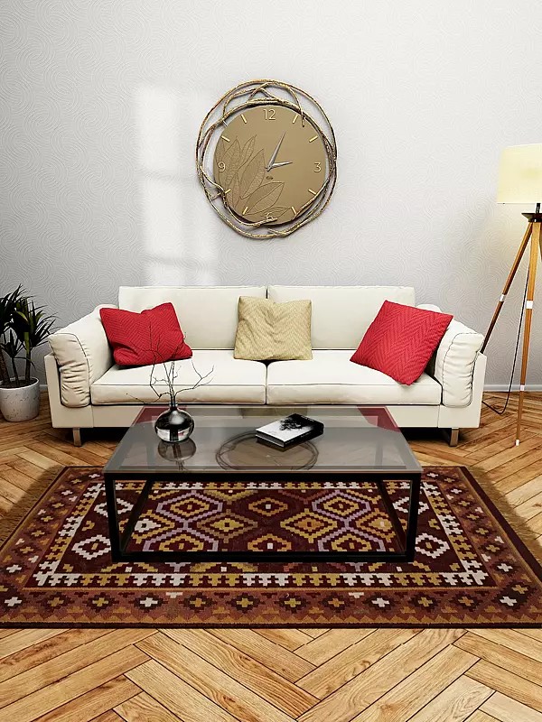 Oxblood-Red Handloom Kilim Dhurrie from Sitapur with Woven Motifs All-Over