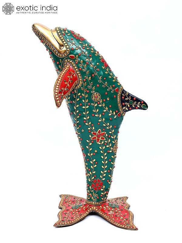 18" Standing Dolphin Statue in Brass with Inlay Work | Table Decor