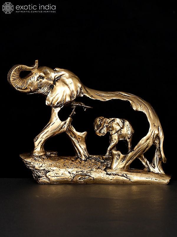 8" Stylized Brass Elephant with Baby Elephant | Table Decor