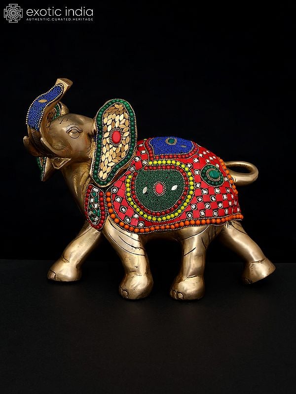 12" Decorative Elephant with Upraised Trunk | Brass Statue with Inlay Work